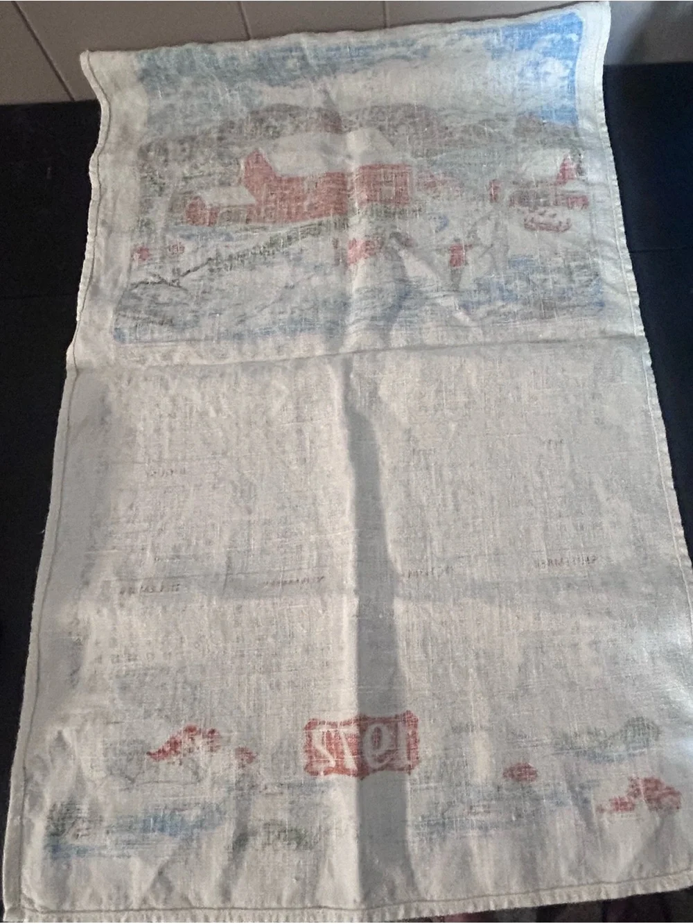 Vintage 1972 Winter Calendar Tea Towel - Cream with Red and Blue